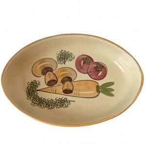 Vintage Los Angeles Potteries oval serving dish with hand-painted vegetables.